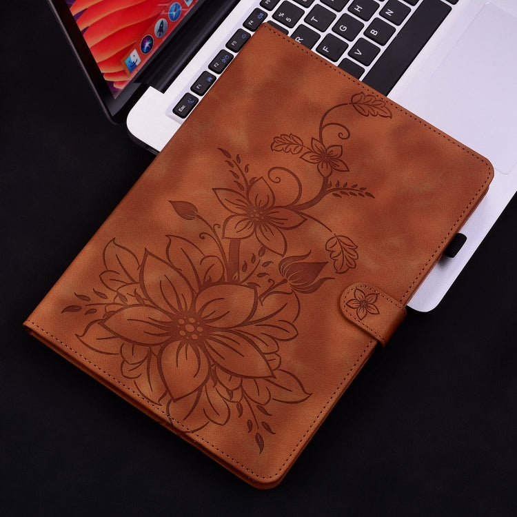 For iPad Pro 12.9 2022 / 2021 / 2020 Lily Embossed Leather Smart Tablet Case(Brown) - iPad Pro 12.9 (2022/2021) Cases by buy2fix | Online Shopping UK | buy2fix