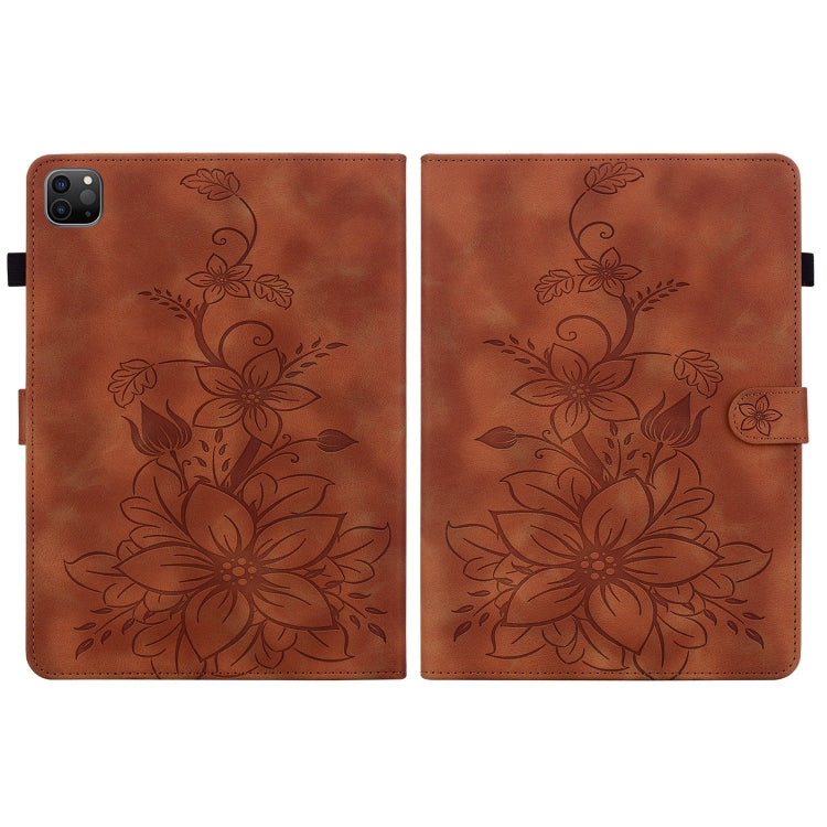 For iPad Pro 12.9 2022 / 2021 / 2020 Lily Embossed Leather Smart Tablet Case(Brown) - iPad Pro 12.9 (2022/2021) Cases by buy2fix | Online Shopping UK | buy2fix