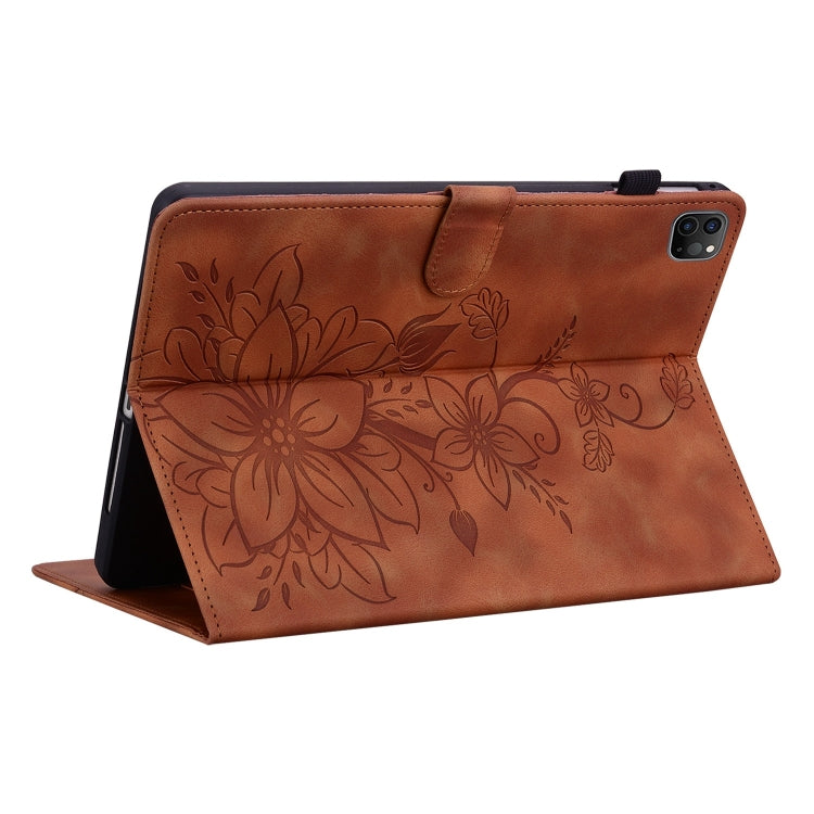 For iPad Pro 12.9 2022 / 2021 / 2020 Lily Embossed Leather Smart Tablet Case(Brown) - iPad Pro 12.9 (2022/2021) Cases by buy2fix | Online Shopping UK | buy2fix