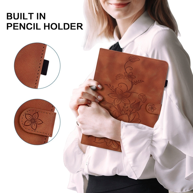 For iPad Pro 12.9 2022 / 2021 / 2020 Lily Embossed Leather Smart Tablet Case(Brown) - iPad Pro 12.9 (2022/2021) Cases by buy2fix | Online Shopping UK | buy2fix