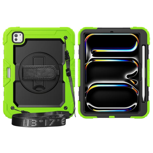 For iPad Pro 11 2025 / 2024 Lucky Wheel Grip Silicone Hybrid PC Tablet Case with Shoulder Strap(Black+Yellow Green) by buy2fix