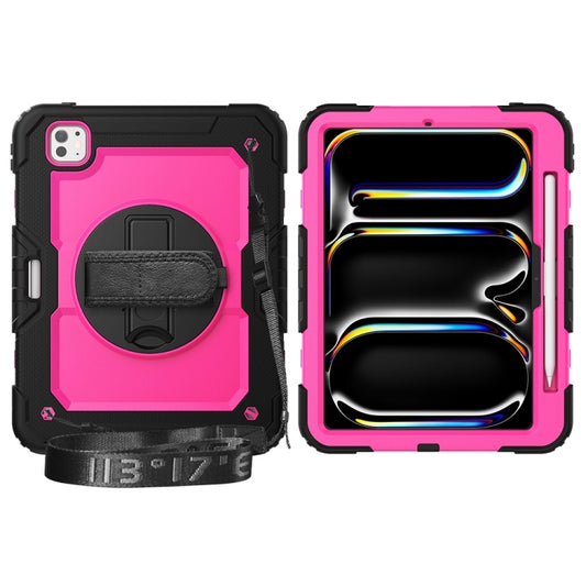 For iPad Pro 11 2025 / 2024 Lucky Wheel Grip Silicone Hybrid PC Tablet Case with Shoulder Strap(Rose Red+Black) by buy2fix