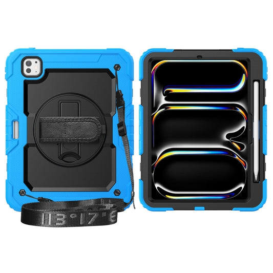 For iPad Pro 11 2025 / 2024 Lucky Wheel Grip Silicone Hybrid PC Tablet Case with Shoulder Strap(Black+Light Blue) by buy2fix