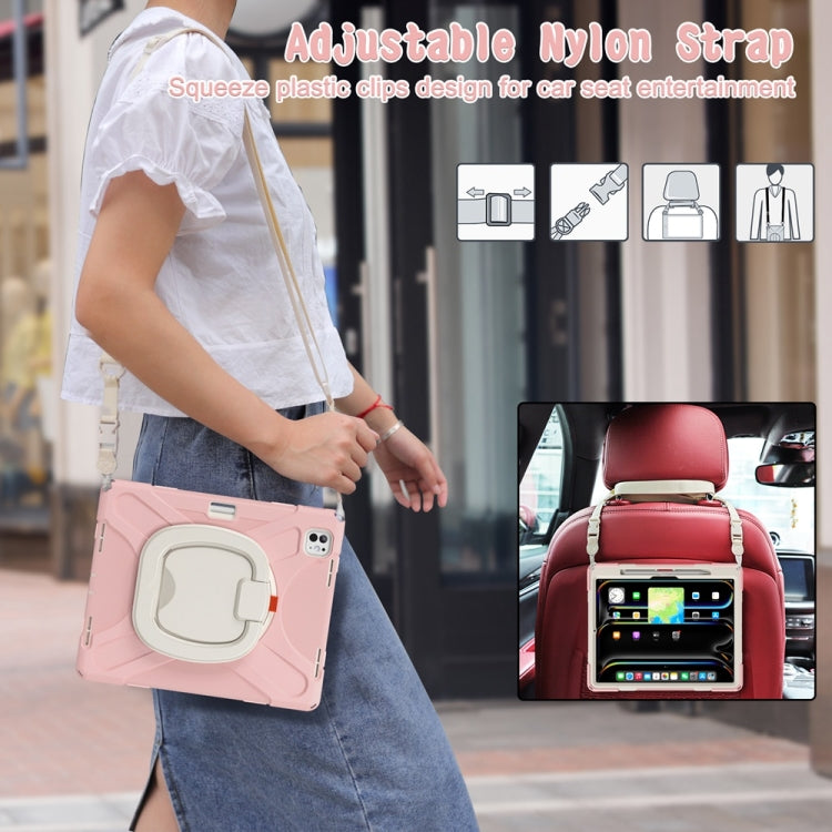 For iPad Pro 11 2025 / 2024 Silicone Hybrid PC Tablet Case with Holder & Shoulder Strap(Cherry Blossom Pink) by buy2fix
