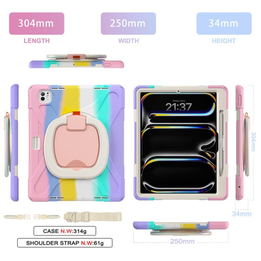 For iPad Pro 11 2025 / 2024 Silicone Hybrid PC Tablet Case with Holder & Shoulder Strap(Colorful Pink) by buy2fix