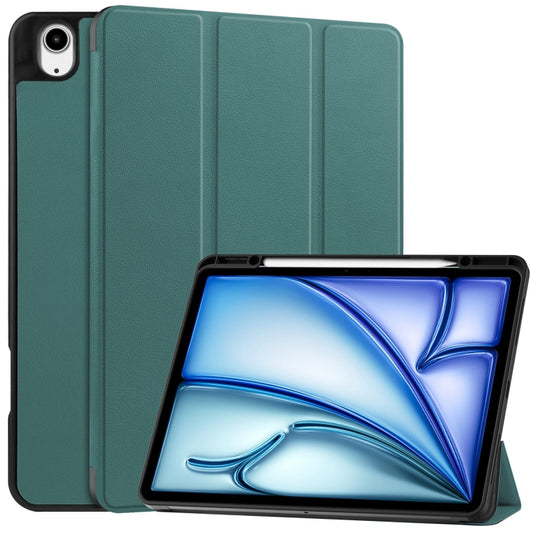 For iPad Air 13 2024 / 2025 Custer TPU Pure Color 3-Fold Holder Smart Leather Tablet Case with Pen Tray(Dark Green) - iPad Air 13 2025 / 2024 Cases by buy2fix | Online Shopping UK | buy2fix