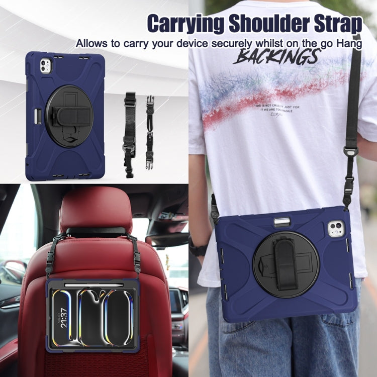 For iPad Pro 11 2025 / 2024 Rotatable Holder Silicone Hybrid PC Tablet Case with Shoulder Strap(Navy Blue) by buy2fix