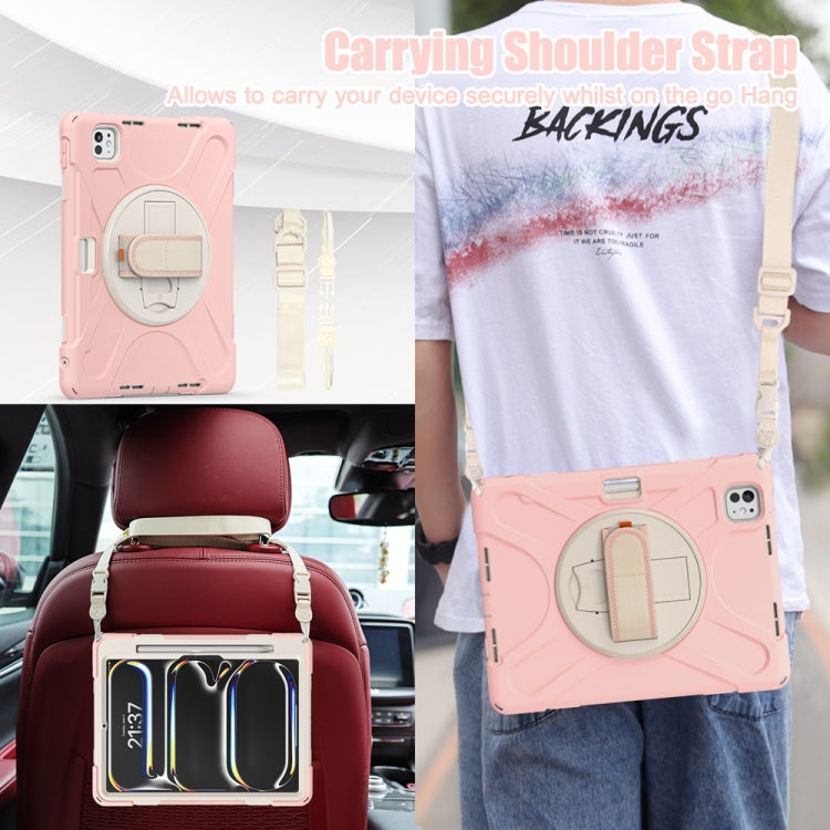 For iPad Pro 11 2025 / 2024 Rotatable Holder Silicone Hybrid PC Tablet Case with Shoulder Strap(Cherry Blossom Pink) by buy2fix