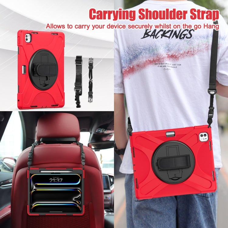 For iPad Pro 13 2024 Rotatable Holder Silicone Hybrid PC Tablet Case with Shoulder Strap(Red) - iPad Pro 13 2024 Cases by buy2fix | Online Shopping UK | buy2fix