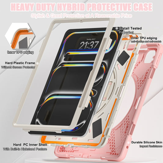 For iPad Pro 13 2025 / 2024 Rotatable Holder Silicone Hybrid PC Tablet Case with Shoulder Strap(Cherry Blossom Pink) by buy2fix