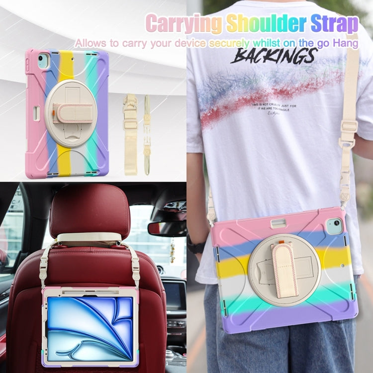 For iPad Air 13 2024 / Air 13 2025 Rotatable Holder Silicone Hybrid PC Tablet Case with Shoulder Strap(Colorful Pink) - iPad Air 13 2025 / 2024 Cases by buy2fix | Online Shopping UK | buy2fix