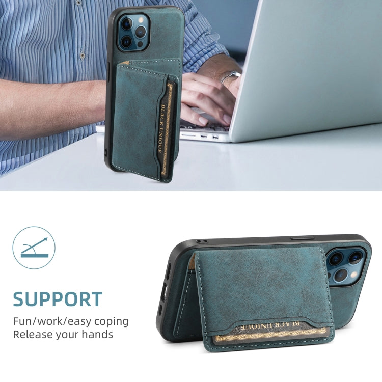 For iPhone 12 Pro Max Denior D13 Retro Texture Leather MagSafe Card Bag Phone Case(Blue) by Denior