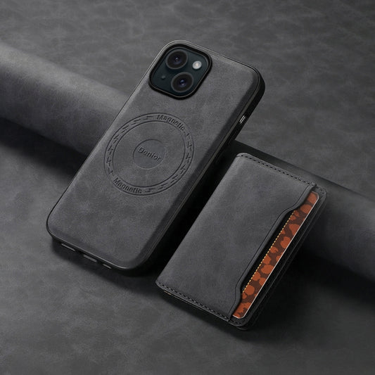 For iPhone 15 Denior D13 Retro Texture Leather MagSafe Card Bag Phone Case(Black) - iPhone 15 Cases by Denior | Online Shopping UK | buy2fix