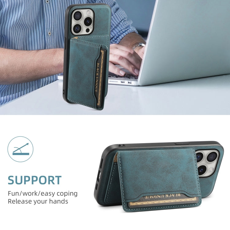 For iPhone 16 Pro Denior D13 Retro Texture Leather MagSafe Card Bag Phone Case(Blue) by Denior