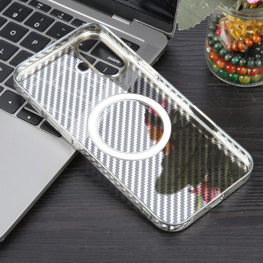 For iPhone 16 Plus 6D Plated Carbon Fiber Clear Magsafe PC Phone Case(Starlight Silver) by buy2fix