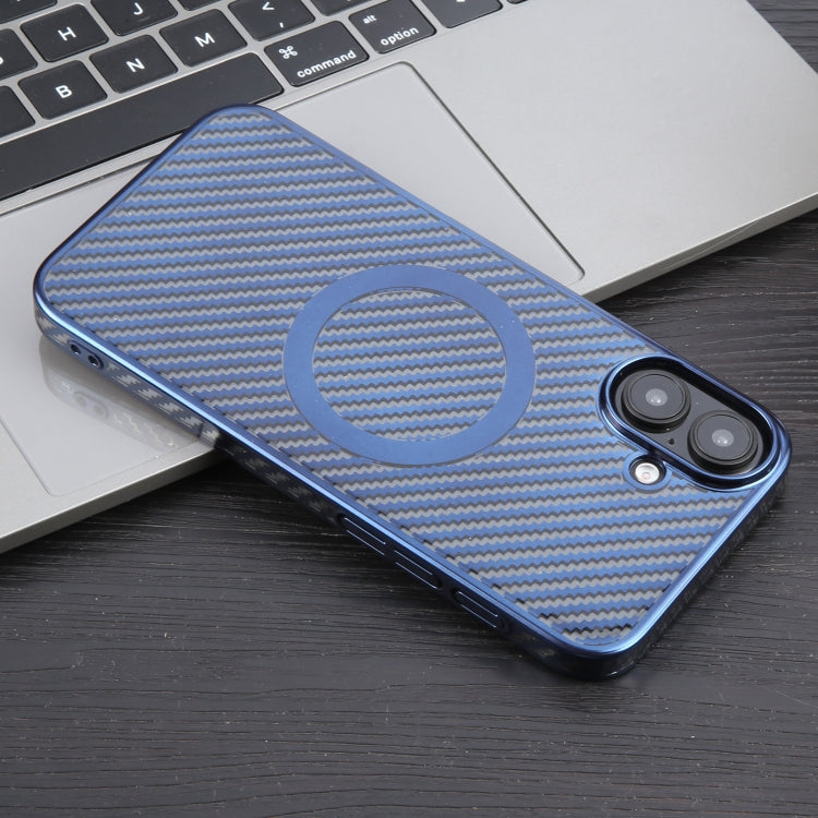 For iPhone 16 Plus 6D Plated Carbon Fiber Clear Magsafe PC Phone Case(Dream Blue) by buy2fix