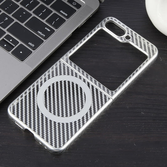 For Samsung Galaxy Z Flip5 6D Plated Carbon Fiber Clear Magsafe PC Phone Case(Starlight Silver) by buy2fix