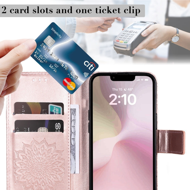 For iPhone 16e Embossed Sunflower Pattern Flip Leather Phone Case(Rose Gold) by buy2fix