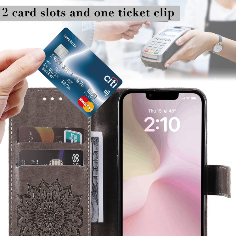 For iPhone 16e Embossed Sunflower Pattern Flip Leather Phone Case(Grey) by buy2fix