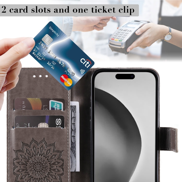 For iPhone 16 Pro Max Embossed Sunflower Pattern Flip Leather Phone Case(Grey) by buy2fix