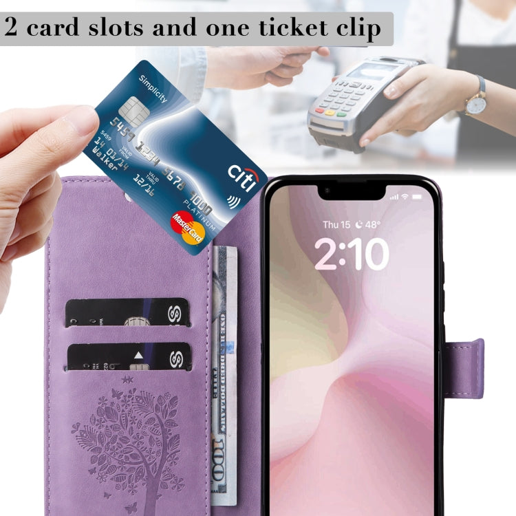 For iPhone 16e Tree & Cat Embossed Pattern Flip Leather Phone Case(Light Purple) by buy2fix