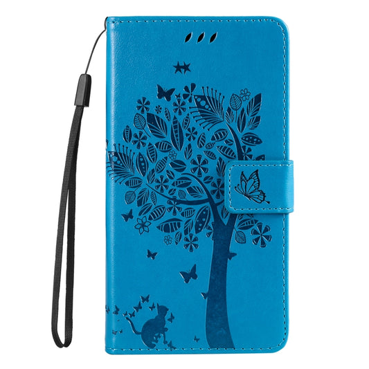 For iPhone 16e Tree & Cat Embossed Pattern Flip Leather Phone Case(Blue) by buy2fix