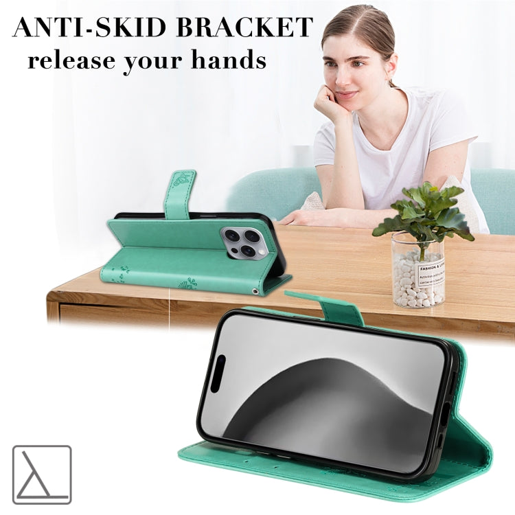 For iPhone 16 Pro Max Tree & Cat Embossed Pattern Flip Leather Phone Case(Green) by buy2fix