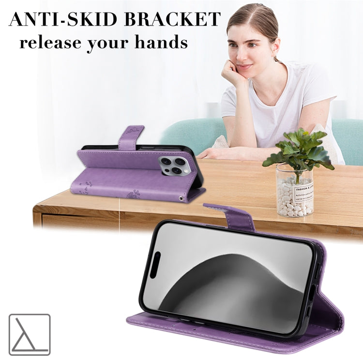 For iPhone 16 Pro Max Tree & Cat Embossed Pattern Flip Leather Phone Case(Light Purple) by buy2fix