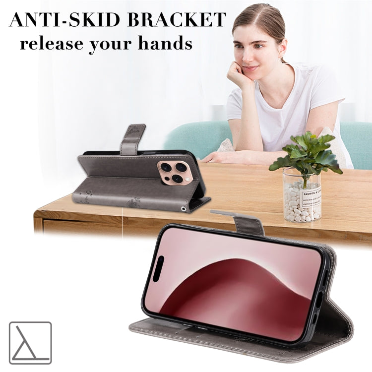 For iPhone 16 Pro Tree & Cat Embossed Pattern Flip Leather Phone Case(Grey) by buy2fix