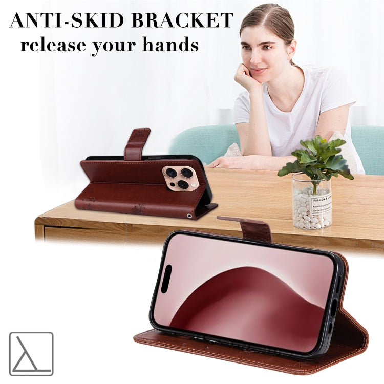 For iPhone 16 Pro Tree & Cat Embossed Pattern Flip Leather Phone Case(Coffee) by buy2fix