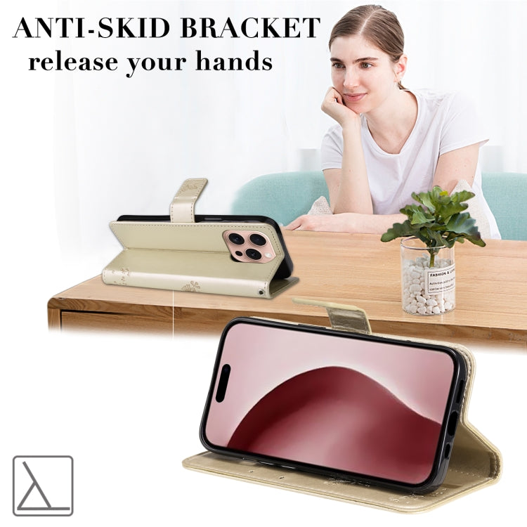 For iPhone 16 Pro Tree & Cat Embossed Pattern Flip Leather Phone Case(Gold) by buy2fix