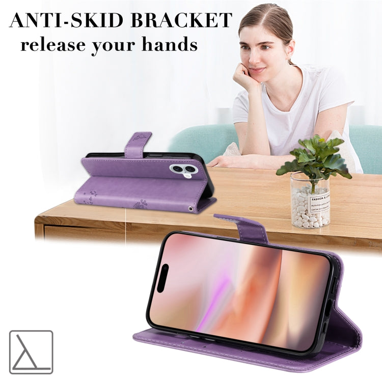 For iPhone 16 Plus Tree & Cat Embossed Pattern Flip Leather Phone Case(Light Purple) by buy2fix