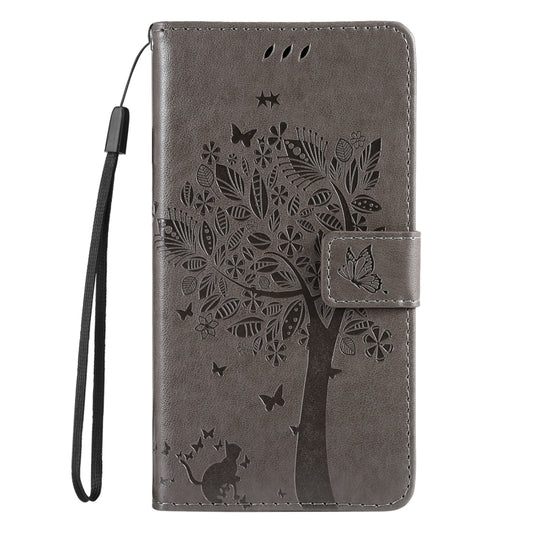 For iPhone 16 Plus Tree & Cat Embossed Pattern Flip Leather Phone Case(Grey) by buy2fix