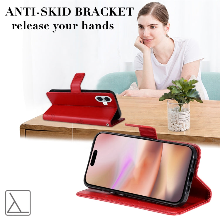 For iPhone 16 Plus Tree & Cat Embossed Pattern Flip Leather Phone Case(Red) by buy2fix