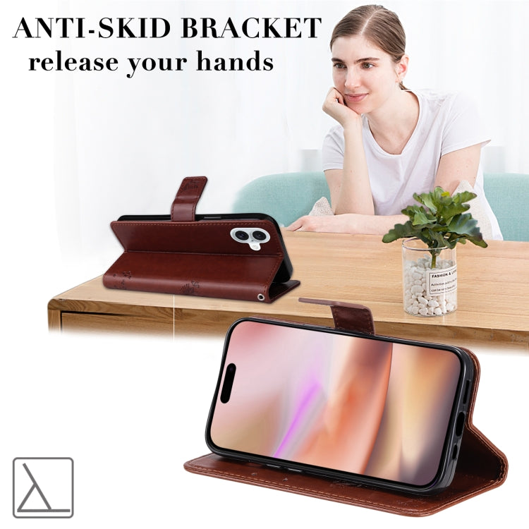 For iPhone 16 Plus Tree & Cat Embossed Pattern Flip Leather Phone Case(Coffee) by buy2fix