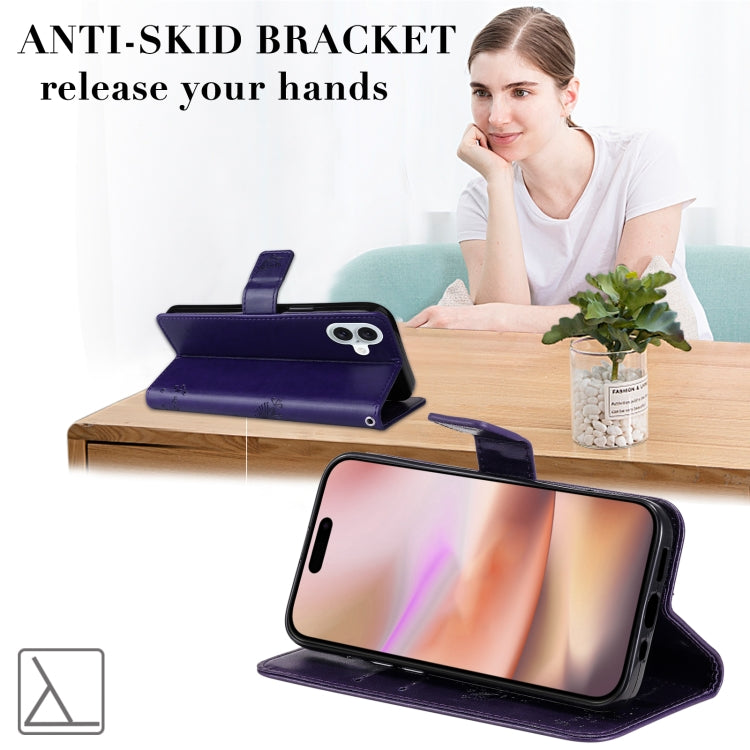 For iPhone 16 Plus Tree & Cat Embossed Pattern Flip Leather Phone Case(Purple) by buy2fix