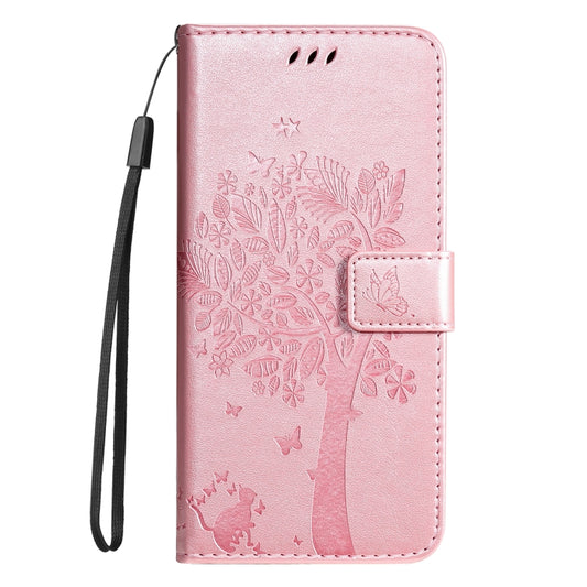 For iPhone 16 Plus Tree & Cat Embossed Pattern Flip Leather Phone Case(Rose Gold) by buy2fix
