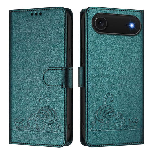 For iPhone Air Cat Rat Embossed Pattern RFID Leather Phone Case with Lanyard(Peacock Green) - iPhone Air Cases by buy2fix | Online Shopping UK | buy2fix