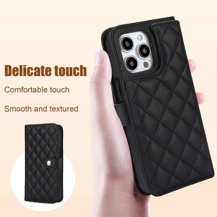 For iPhone 15 Pro Crossbody Multifunction Rhombic Leather Phone Case(Black) - iPhone 15 Pro Cases by buy2fix | Online Shopping UK | buy2fix