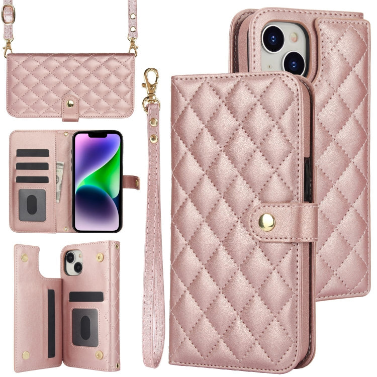 For iPhone 14 Plus Crossbody Multifunction Rhombic Leather Phone Case(Rose Gold) - iPhone 14 Plus Cases by buy2fix | Online Shopping UK | buy2fix