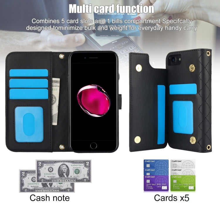 For iPhone 7 / 8 / SE 2022 Crossbody Multifunction Rhombic Leather Phone Case(Black) - iPhone SE 2022 / 2020 / 8 / 7 Cases by buy2fix | Online Shopping UK | buy2fix