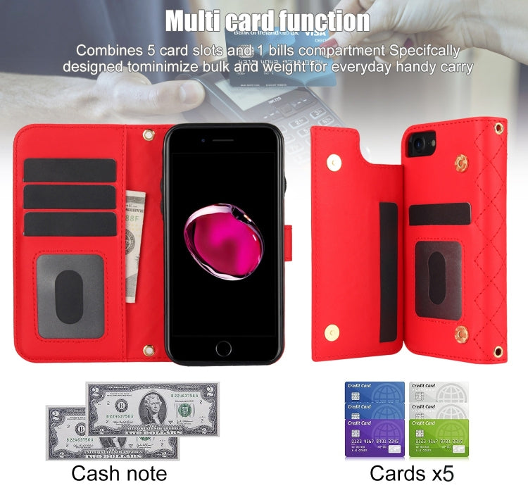 For iPhone 7 / 8 / SE 2022 Crossbody Multifunction Rhombic Leather Phone Case(Red) - iPhone SE 2022 / 2020 / 8 / 7 Cases by buy2fix | Online Shopping UK | buy2fix