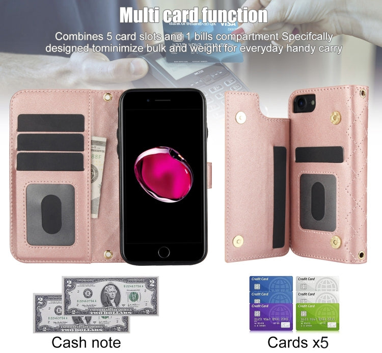 For iPhone 7 / 8 / SE 2022 Crossbody Multifunction Rhombic Leather Phone Case(Rose Gold) - iPhone SE 2022 / 2020 / 8 / 7 Cases by buy2fix | Online Shopping UK | buy2fix