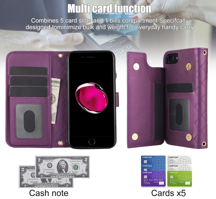 For iPhone 7 / 8 / SE 2022 Crossbody Multifunction Rhombic Leather Phone Case(Dark Purple) - iPhone SE 2022 / 2020 / 8 / 7 Cases by buy2fix | Online Shopping UK | buy2fix