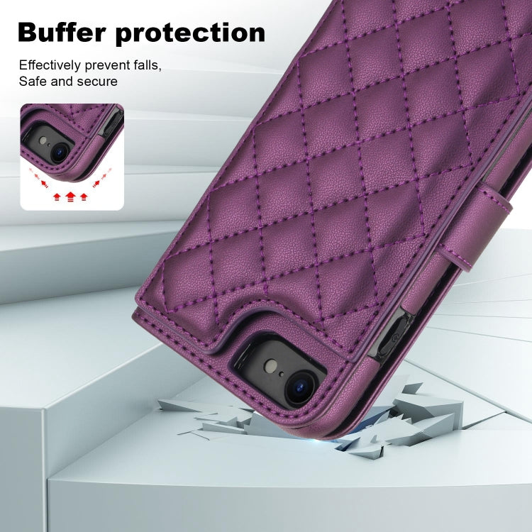 For iPhone 7 / 8 / SE 2022 Crossbody Multifunction Rhombic Leather Phone Case(Dark Purple) - iPhone SE 2022 / 2020 / 8 / 7 Cases by buy2fix | Online Shopping UK | buy2fix