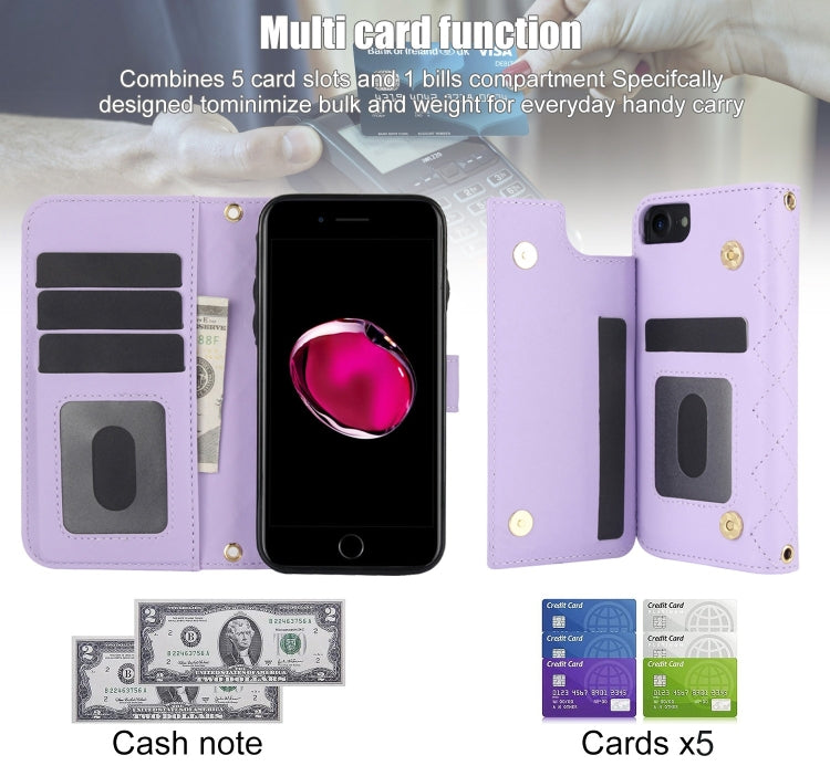 For iPhone 7 / 8 / SE 2022 Crossbody Multifunction Rhombic Leather Phone Case(Purple) - iPhone SE 2022 / 2020 / 8 / 7 Cases by buy2fix | Online Shopping UK | buy2fix