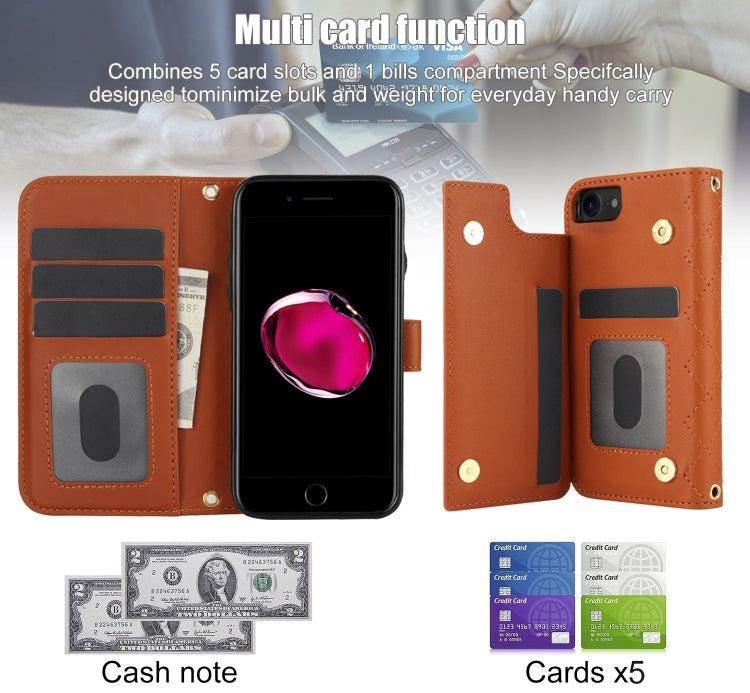 For iPhone 7 / 8 / SE 2022 Crossbody Multifunction Rhombic Leather Phone Case(Brown) - iPhone SE 2022 / 2020 / 8 / 7 Cases by buy2fix | Online Shopping UK | buy2fix