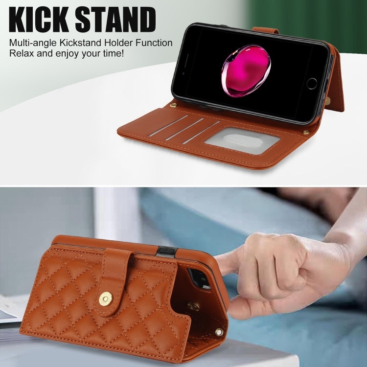 For iPhone 7 / 8 / SE 2022 Crossbody Multifunction Rhombic Leather Phone Case(Brown) - iPhone SE 2022 / 2020 / 8 / 7 Cases by buy2fix | Online Shopping UK | buy2fix