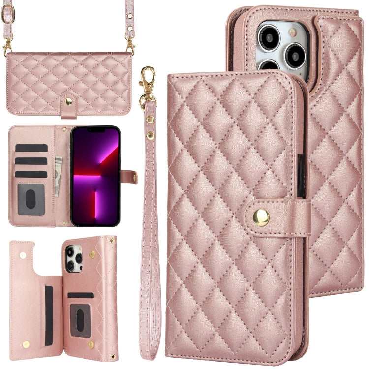 For iPhone 13 Pro Max Crossbody Multifunction Rhombic Leather Phone Case(Rose Gold) - iPhone 13 Pro Max Cases by buy2fix | Online Shopping UK | buy2fix