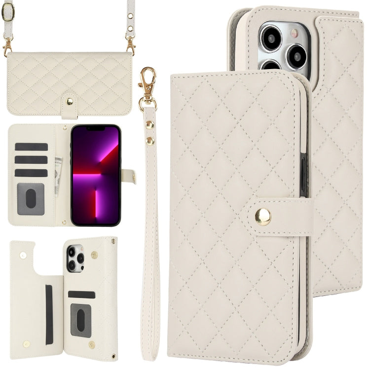 For iPhone 13 Pro Crossbody Multifunction Rhombic Leather Phone Case(White) - iPhone 13 Pro Cases by buy2fix | Online Shopping UK | buy2fix